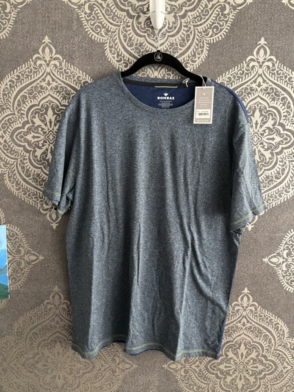 Bombas Men's Heather Navy Short Sleeve Crew with Contrast Stitching